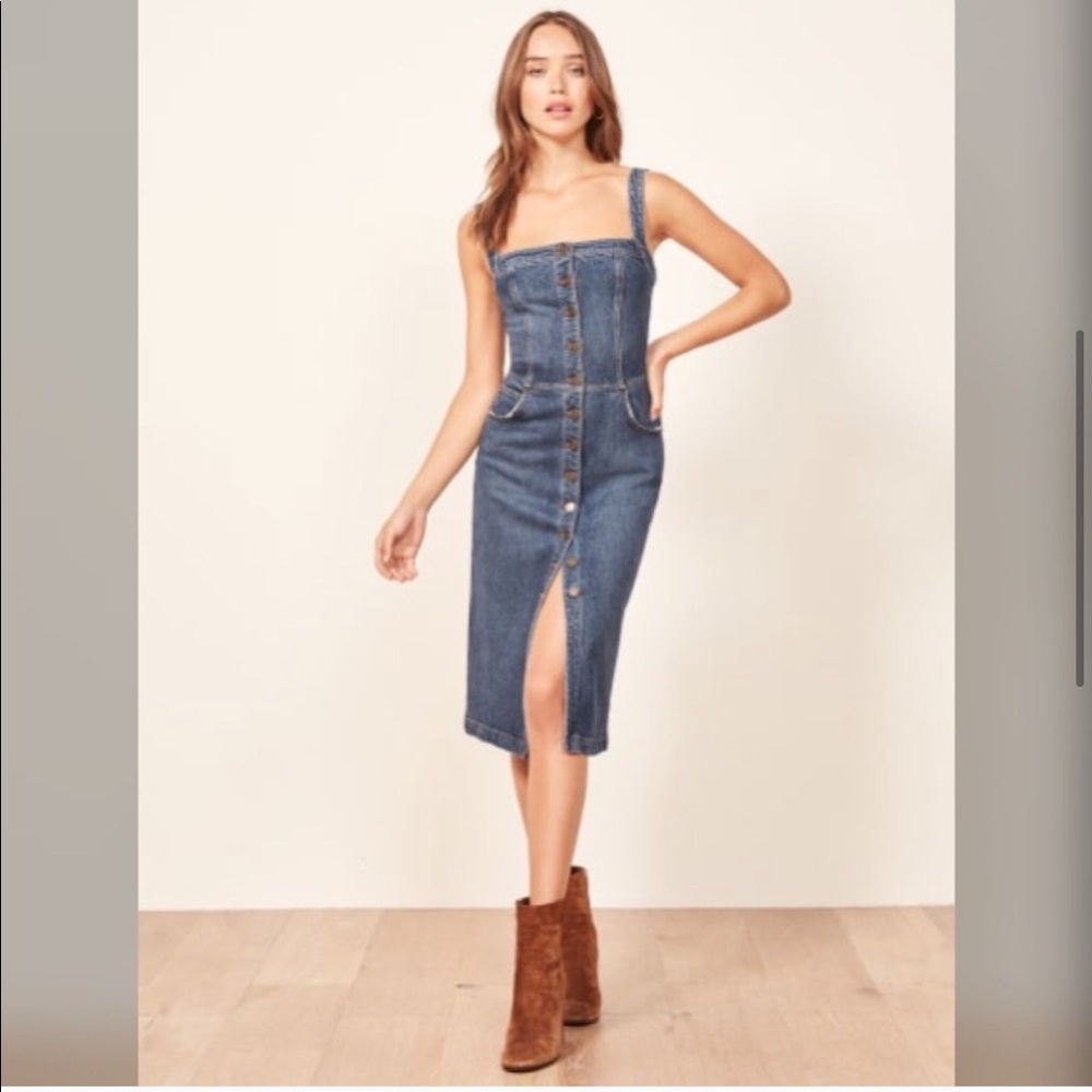 REFORMATION Camille Denim Overall Dress in Kasai